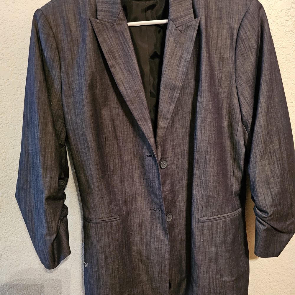Calvin Klein Blazer Size L Charcoal Gray Pinstripe Ruched Sleeve Business Casual